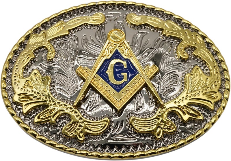 WMG Masonic Mason Symbol Logo Large Huge Rodeo Western Gold Tone Belt Buckle Fits Up to 2 Inch Belts - Image 1
